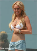 Lindsay Lohan bikini top, cutoff shorts