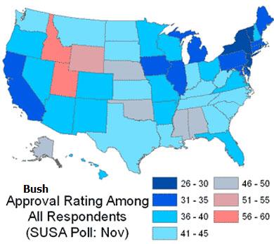 State by state map of Bush approval rating 112805