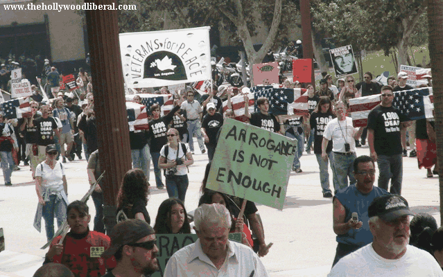 Marchers carrying signs at the anti war march in L.A. 092405