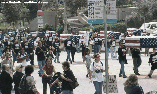 Veterans for peace march with coffins of their fallen brothers at the anti war march and rally in Los Angeles 092405