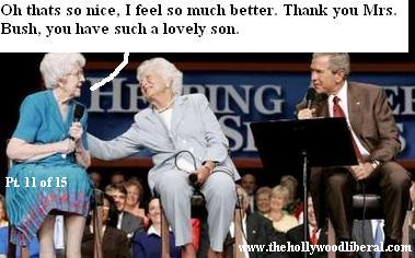 Barbara Bush and her son George Jr. on stage at a Social Security town hall meeting