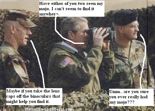 Bush looks through Binoculars with lens caps still on