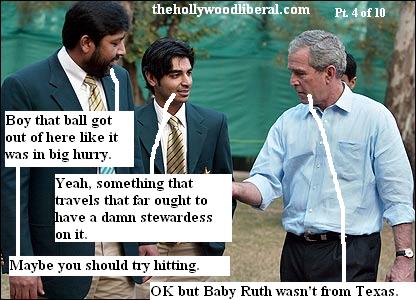 President Bush talks with cricket players during cricket match in Pakistan
