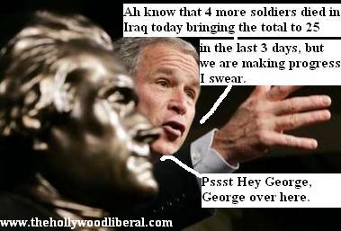 Bush hears a voice as he gives a speech.