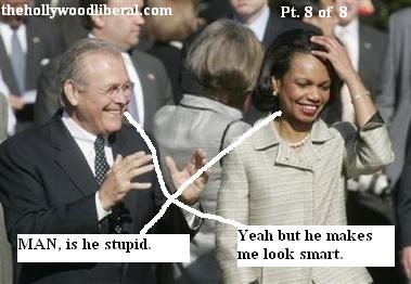 Condeleeza Rice, and Donald Rumsfeld watch President Bush, and Chinese President Hu