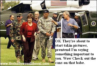 President Bush gets off a helicopter in Mississippi with Homeland security chief Chertoff, and some guys in camoflage