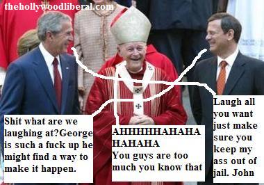 George Bush, John Roberts, and the preacher have a laugh after church.