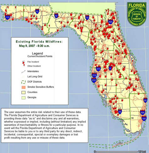 map of the wildfires currently burning in Florida
