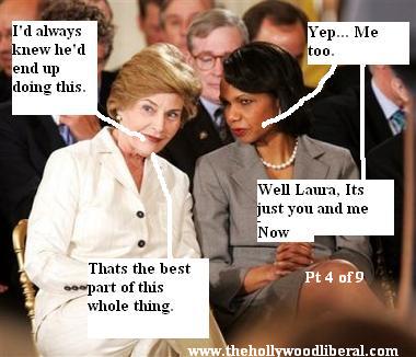 Condi Rice, and Laura Bush watch a press confrence by President Bush, and Tony Blair, where they lie about the Downing street memo 060905