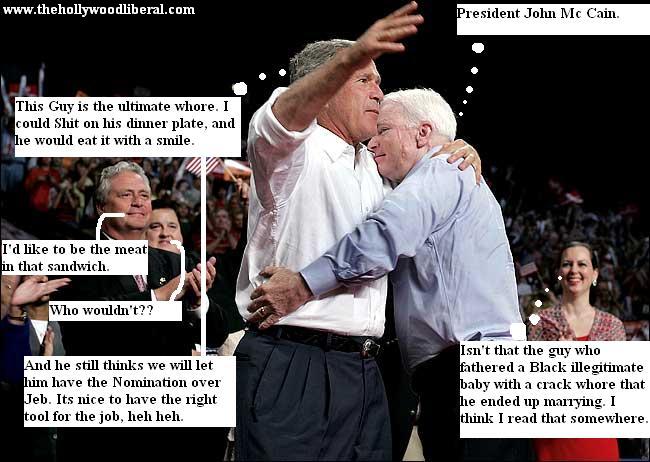 John Mc Cain hugs his best friend in the world George W. Bush