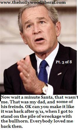 Bush sits on santas lap.